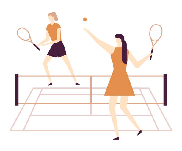 ilustrações, clipart, desenhos animados e ícones de meninas jogando tênis - design plano estilo ilustração colorida - tennis court indoors net