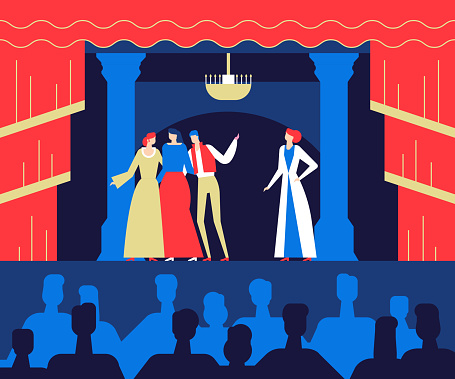 At the theatre - flat design style colorful illustration. High quality composition with characters, actors performing on the stage, acting in costumes. Entertainment, culture, leisure concept