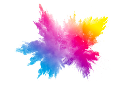 Explosión de polvo multicolor sobre fondo blanco. Nube de salpicaduras de polvo de color sobre fondo. Lanzó partículas coloridas sobre fondo. photo