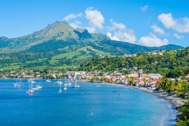 Saint Pierre Caribbean bay in Martinique beside Mount Pelée volcano stock photo