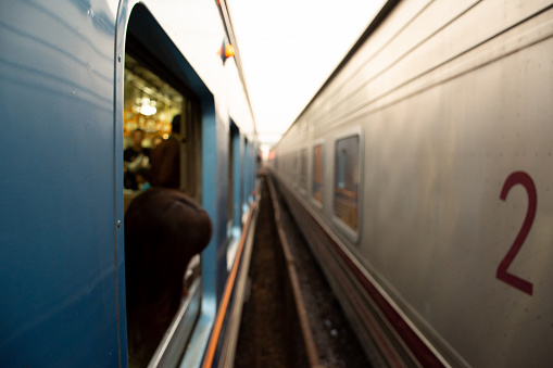 Abstract Blurred image of two train  side by side with rail