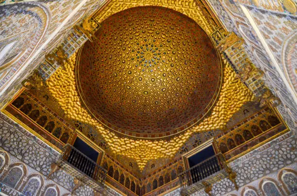 Gold domed ceiling of Salon de Embajadores (Ambassadors Reception Room), Alcazar of Seville, Seville, Spain
