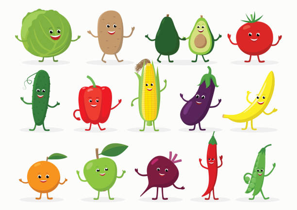 재미 있는 과일 및 야채 만화 캐릭터 손과 다리 흰색 배경에 고립 된 미소의 큰 집합입니다. 플랫 디자인의 쾌활 한 음식 마스코트 - eggplant vegetable food white background stock illustrations