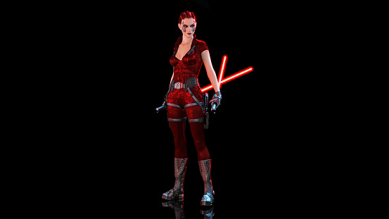 Redhead warrior girl with two sci-fi laser swords, braided woman with futuristic saber weapon isolated on black background, 3D rendering