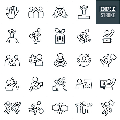 A set of business success icons that include editable strokes or outlines using the EPS vector file. The icons include business people and businessmen celebrating, accomplishing goals, giving high fives, fistbumbs, making deals, earning money, showing graphs indicating growth, winning, having the missing piece to a puzzle, a key representing a solution and other themes.