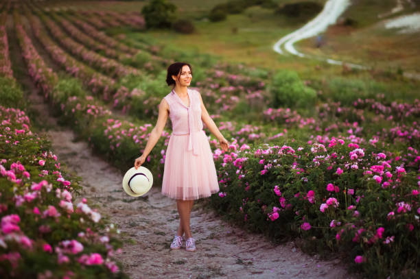 schöne junge frau mit dunklen haaren mit strohhut im feld rosen. aroma, kosmetik und parfüm-werbung. - human hair women horizontal rose petals stock-fotos und bilder