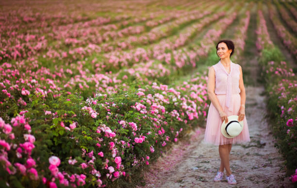 schöne junge frau mit dunklen haaren mit sraw hut in der hand entlang dem rosen-gebiet. kosmetik und parfüm-werbung. - human hair women horizontal rose petals stock-fotos und bilder