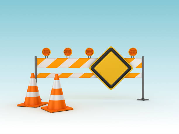 istock Blank Road Sign with Barrier and Cones - 3D Rendering 1126174648