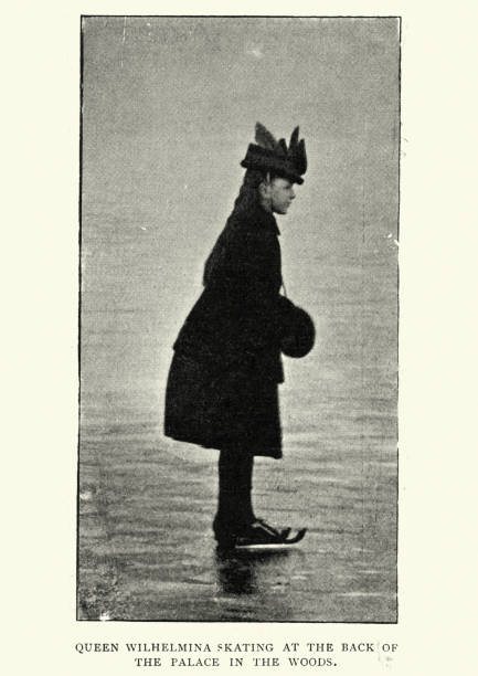 queen wilhelmina of the netherlands, ice skating, 19th century - real people caucasian one person black and white imagens e fotografias de stock