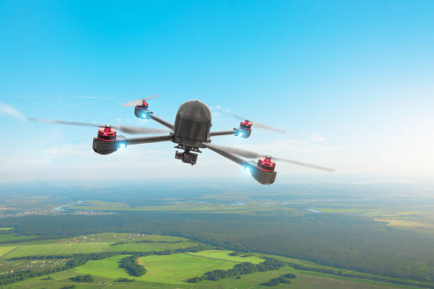 istock Drone quad copter with high resolution digital camera on the sky, flies over the terrain. 1126179906
