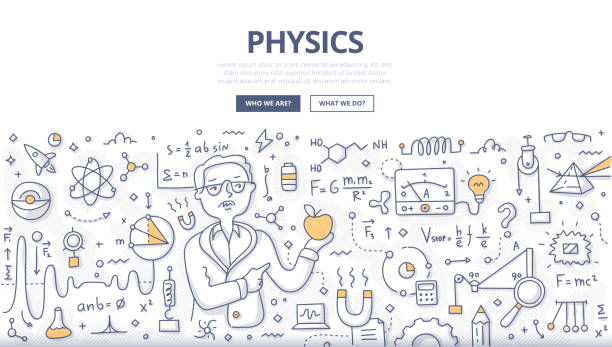 Physics Doodle Concept Doodle vector concept of physicist with apple in hand explaining fundamental laws of physics. Hand drawn illustration of physics science for web banners, hero images, printed materials lab ammeter stock illustrations
