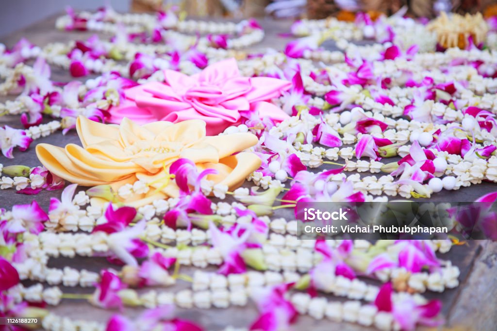 Baai Sri Trays and Flower Garlands offering in Thai Buddhism Brahman ceremony to console people’s life spirit to return to body, and be expression of congratulation, joy, and appeasement for owner Arrangement Stock Photo