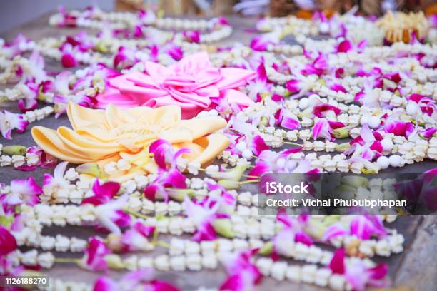 Baai Sri Trays And Flower Garlands Offering In Thai Buddhism Brahman Ceremony To Console Peoples Life Spirit To Return To Body And Be Expression Of Congratulation Joy And Appeasement For Owner Stock Photo - Download Image Now
