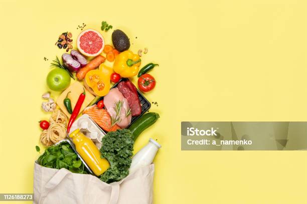 Grocery Shopping Concept Foods With Shopping Bag Stock Photo - Download Image Now - Food, Supermarket, Healthy Eating
