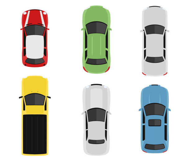 ilustrações de stock, clip art, desenhos animados e ícones de transport set from above, top view. cute cartoon cars with shadows. modern urban civilian vehicles collection. simple icon or logo. realistic design. flat style vector illustration. - on top of illustrations