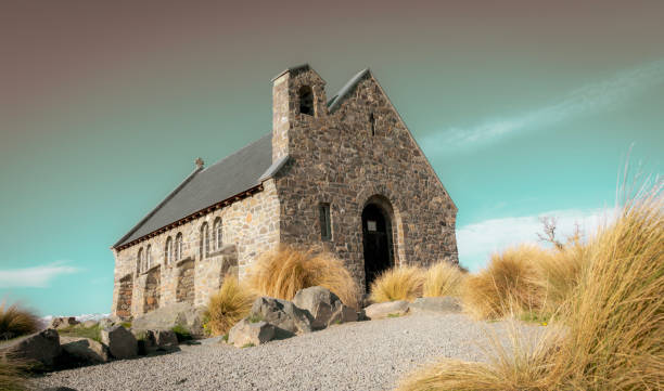 Aged effect image of iconic  Church of Good Shepherd and surrounds at Lake Tekapo New Zealand