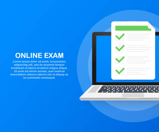 ilustraciones, imágenes clip art, dibujos animados e iconos de stock de examen en línea, lista y lápiz, elegir respuesta, forma de cuestionario, toma de prueba. ilustración de vector. - exam checkbox test results questionnaire