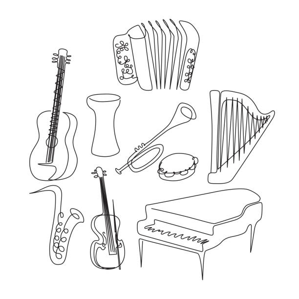 ilustraciones, imágenes clip art, dibujos animados e iconos de stock de conjunto de instrumentos musicales de un dibujo de línea - acordeón instrumento