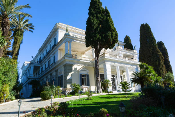 Achilleion palace in Corfu Island, Greece, built by Empress of Austria Elisabeth of Bavaria, also known as Sisi Corfu, Greece - March 4, 2017: Achilleion palace in Corfu Island, Greece, built by Empress of Austria Elisabeth of Bavaria, also known as Sisi. corfu holiday palace stock pictures, royalty-free photos & images