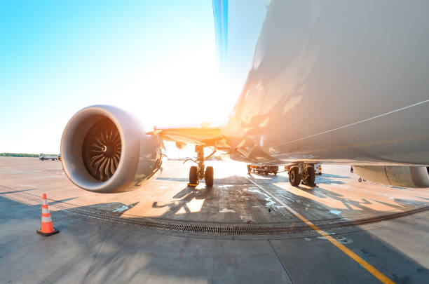 istock Modern aircraft liner parked, view of the wing engine. 1126198281