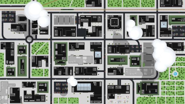 stadt von oben. top view-elemente für den bau. straßen, straßen, gebäude, verkehr. cartoon stadtbild. stadt-konstruktor. einfach realistisch modernes design. flachen stil-vektor-illustration. - upper view stock-grafiken, -clipart, -cartoons und -symbole