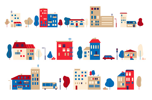 A set of small houses in a toy flat style Vector graphic illustration