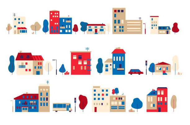 Vector illustration of A set of small houses in a toy flat style