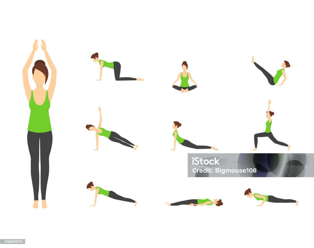 Cartoon Woman In Green Top Yoga Poses Icons Set Vector Stock Illustration -  Download Image Now - iStock