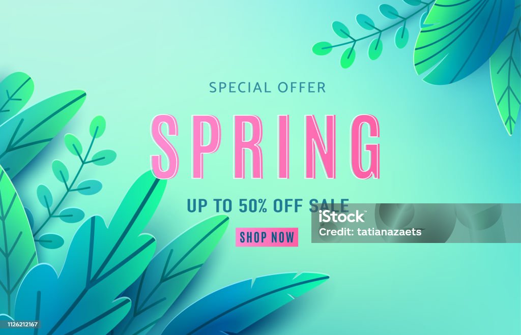 Spring sale background banner with fantasy leaves. Paper cut style with copy space, corner composition. Vector illustration springtime template for flyers, poster, brochure, voucher discount Spring sale background banner with fantasy leaves. Paper cut style with copy space, corner composition. Vector illustration springtime template for flyers, poster, brochure, voucher discount. Springtime stock vector