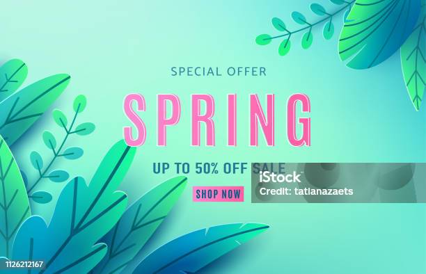 Spring Sale Background Banner With Fantasy Leaves Paper Cut Style With Copy Space Corner Composition Vector Illustration Springtime Template For Flyers Poster Brochure Voucher Discount Stock Illustration - Download Image Now