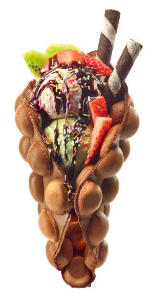 hong kong or bubble waffle with ice cream and fruits - wafer waffle isolated food imagens e fotografias de stock