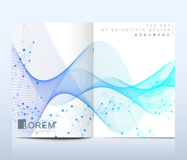 moderne vektor vorlage für broschüre, broschüre, flyer, cover, banner, katalog, magazin oder jährlichen bericht im a4-format. dna-helix, dna-strang, molekül oder atom, neuronen. wave-fluss. linien-plexus - abstract dna backgrounds education stock-grafiken, -clipart, -cartoons und -symbole