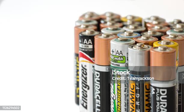 Stack Of Used Disposable Batteries With Copy Space Stock Photo - Download Image Now - Battery, UK, Recycling