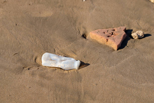 plastic bottle and pieces of foam washed up from the atlantic ocean on agadir beach, morocco, africa - toxic substance spilling pouring bottle imagens e fotografias de stock