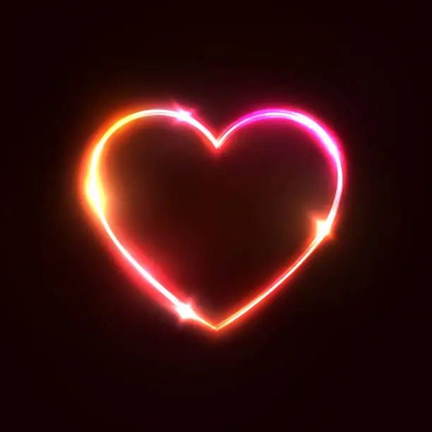 Vector illustration of Heart background. Halogen or led light neon sign on dark red. 3d geometric heart shaped frame. Glamour love backdrop. Element design for Valentines Day card, flyer, banner. Bright vector illustration.