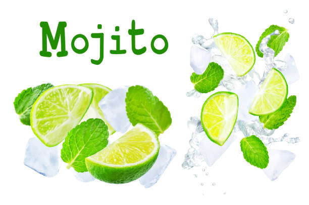 istock Flying Limes with ices and mint leaves on a white background 1126222231