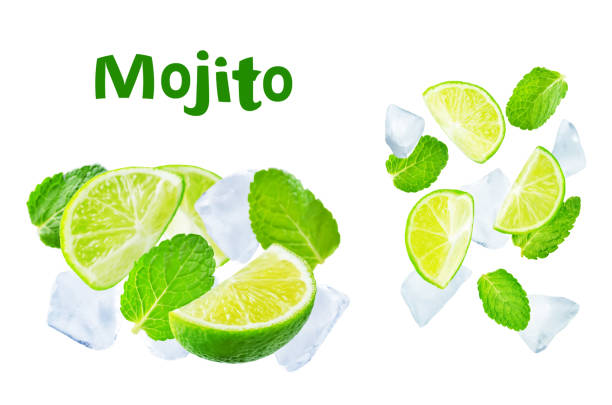 istock Flying Limes with ices and mint leaves on a white background 1126222232