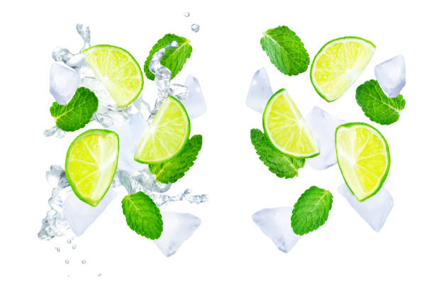istock Flying Limes with ices and mint leaves on a white background 1126222402