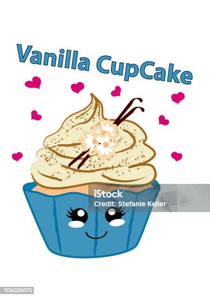 Vanilla Cupcake With Cute Face In Kawaii Style Stock Illustration - Download Image Now - Vanilla Orchid, Vector, Blue