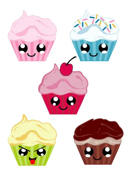 Vector illustration of Collection with kawaii cupcakes.