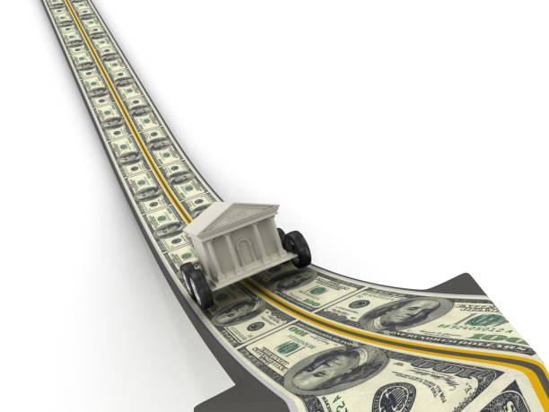 istock Bank Building on Dollar Bills Arrow Road - 3D Rendering 1126227690