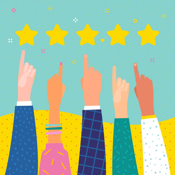 Hand with pointing finger pointing to rating stars. Flat design vector art illustration