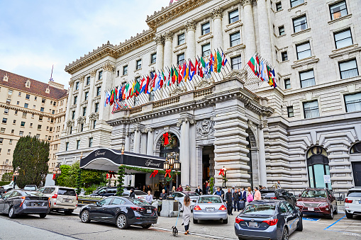 San Francisco, California, USA - December 15, 2018: Christmas for Tourists and Travelers at the busy Fairmont Hotel