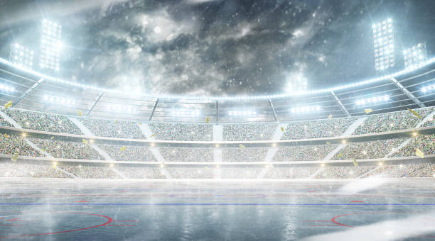 Ice hockey arena. Outdoor winter stadium. Night rink. Snowfall at the stadium Soccer stadium. Professional sport arena. Night stadium under the moon with lights, fans and flags. tribune tower stock pictures, royalty-free photos & images