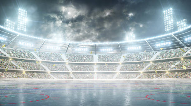 Hockey stadium. Ice hockey arena. Night stadium under the moon with lights, fans and flags Soccer stadium. Professional sport arena. Night stadium under the moon with lights, fans and flags. sports helmet photos stock pictures, royalty-free photos & images