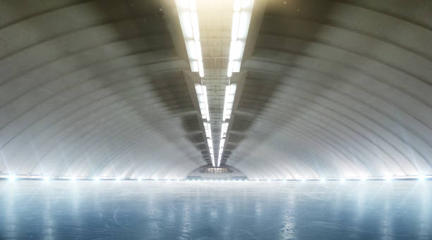 Beautiful empty winter ice rink with lights. Sport