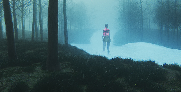 Futuristic female cyborg walking in spooky fantasy landscape. This is entirely 3D generated image.
