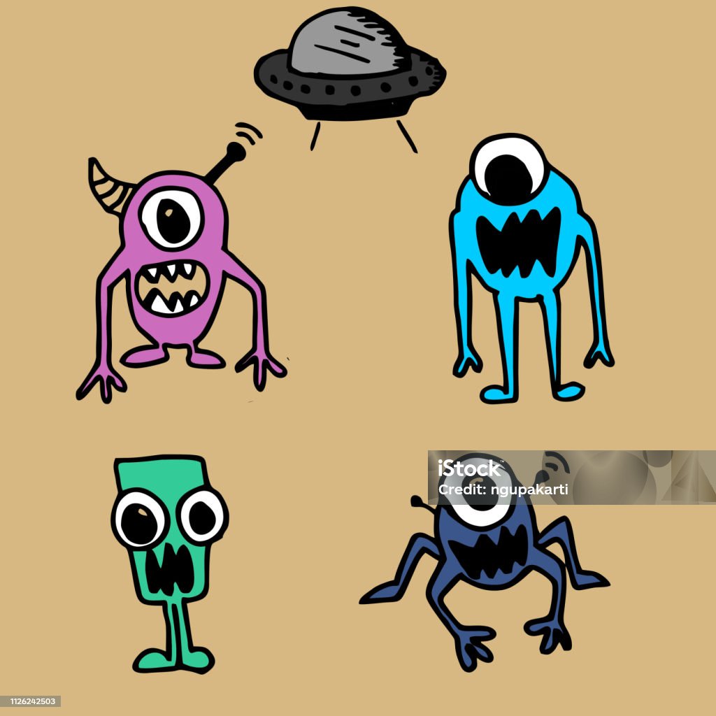 Monster alien cute drawing with ufo set collection UFO stock vector