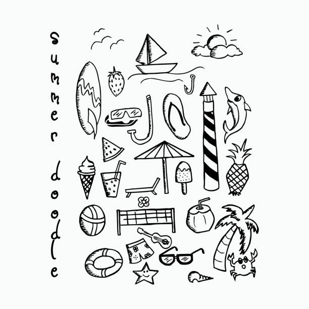 Summer beach vacation doodle hand drawn line art set. Summer beach vacation doodle hand drawn line art holiday set. tree illustration and painting art cartoon stock illustrations