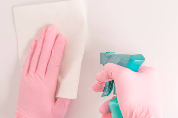 servicios de limpieza profesional guantes para limpieza, limpieza de una pared de azulejos con una esponja y un aerosol puede - scrub brush fotos fotografías e imágenes de stock